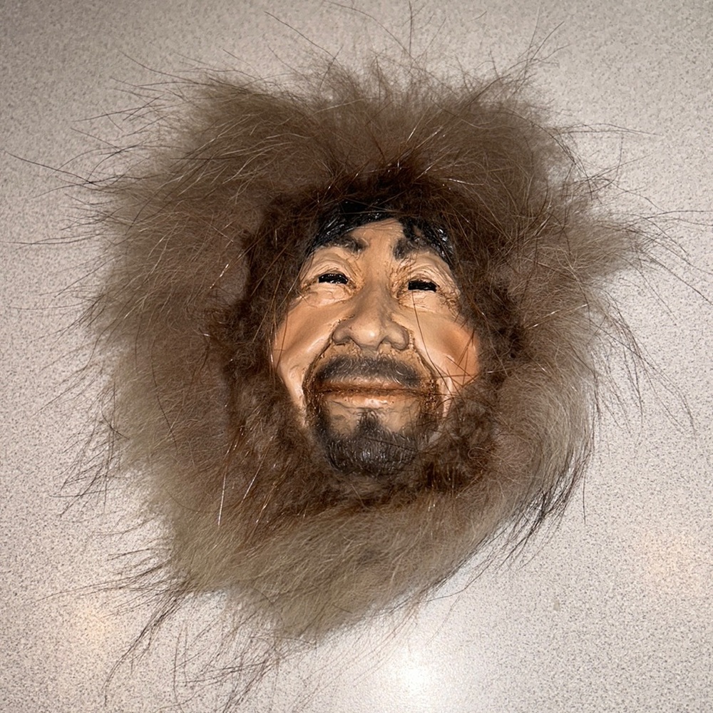 Vintage L’Abers of Love Handmade Eskimo Man Fur Trim Sculpted Mask